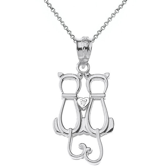 Gold Pet Cats Silhouette Diamond Heart Pendant Necklace (Available in Yellow/Rose/White Gold)