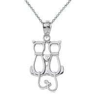 Gold Pet Cats Silhouette Diamond Heart Pendant Necklace (Available in Yellow/Rose/White Gold)