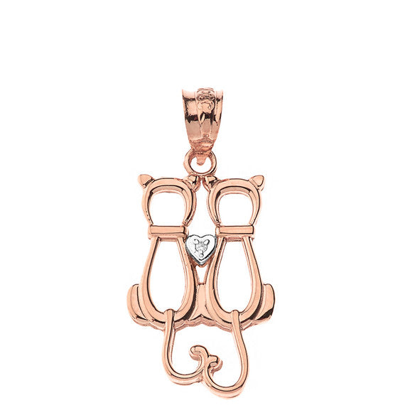 Gold Pet Cats Silhouette Diamond Heart Pendant Necklace (Available in Yellow/Rose/White Gold)