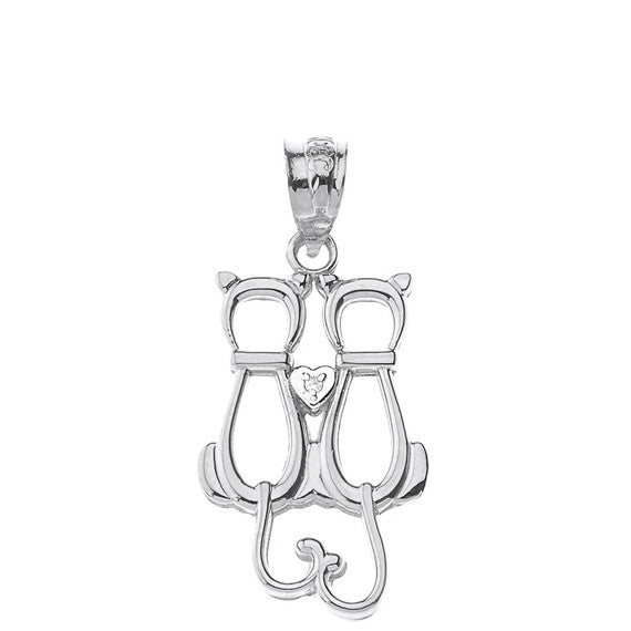 Gold Pet Cats Silhouette Diamond Heart Pendant Necklace (Available in Yellow/Rose/White Gold)
