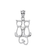 Gold Pet Cats Silhouette Diamond Heart Pendant Necklace (Available in Yellow/Rose/White Gold)