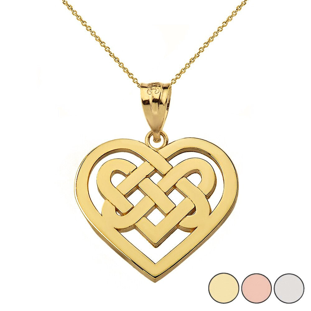 Solid Gold Celtic Knot Woven Heart Pendant Necklace (Available in Yellow/Rose/White Gold)