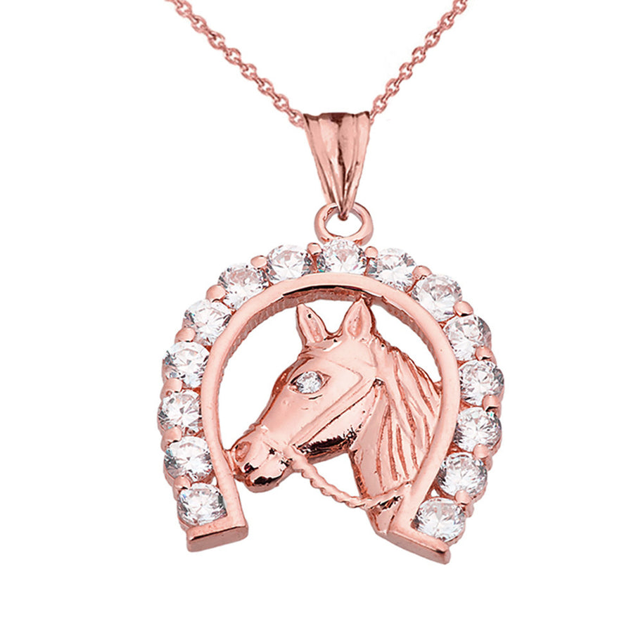 Solid Gold Lucky Horseshoe Statement Pendant Necklace With Cubic Zirconia (Available in Yellow/Rose/White Gold)