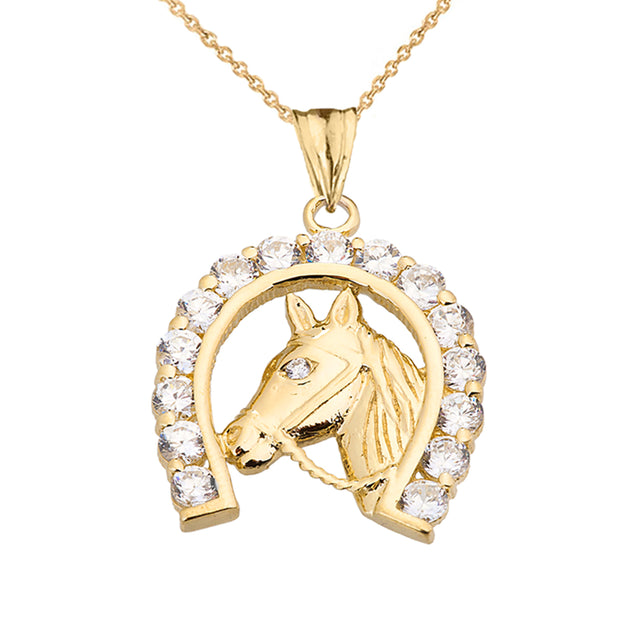 Solid Gold Lucky Horseshoe Statement Pendant Necklace With Cubic Zirconia (Available in Yellow/Rose/White Gold)