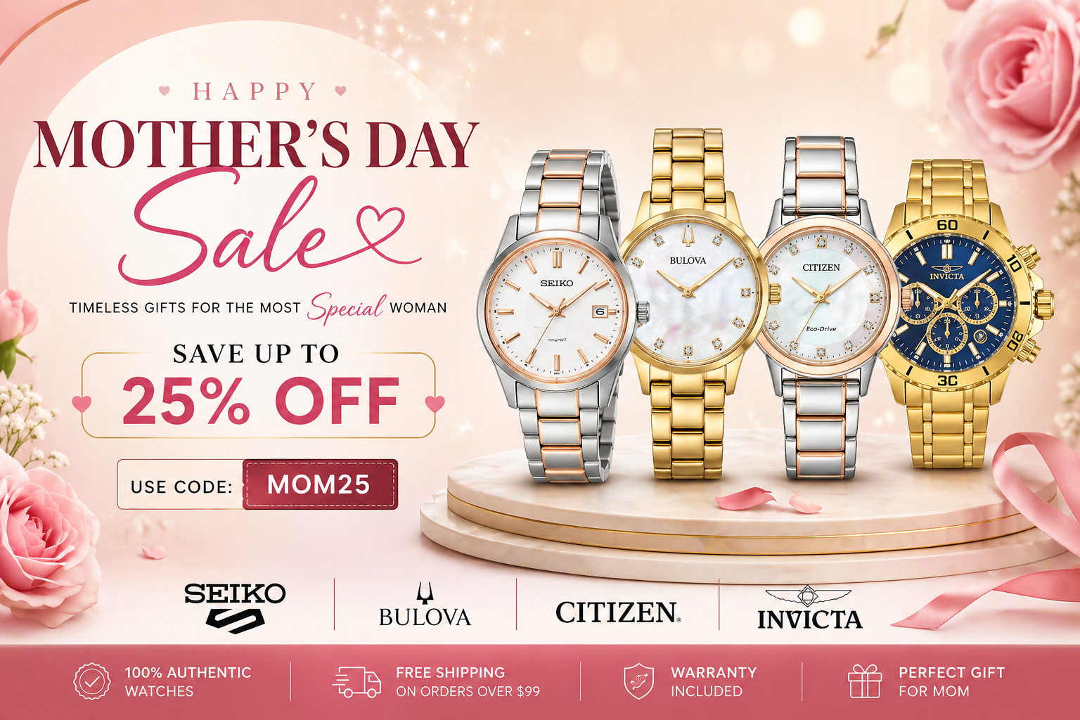 Promotional image for Mother's Day sale featuring watches with brand logos and a'Happy Mother's Day' message.