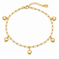 10K Yellow Gold Dangle Hearts Paperclip Anklet