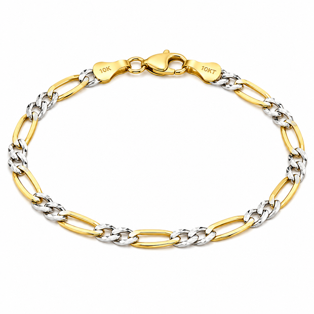 10K Yellow Gold Two Tone Diamond Cut Figaro Bracelet