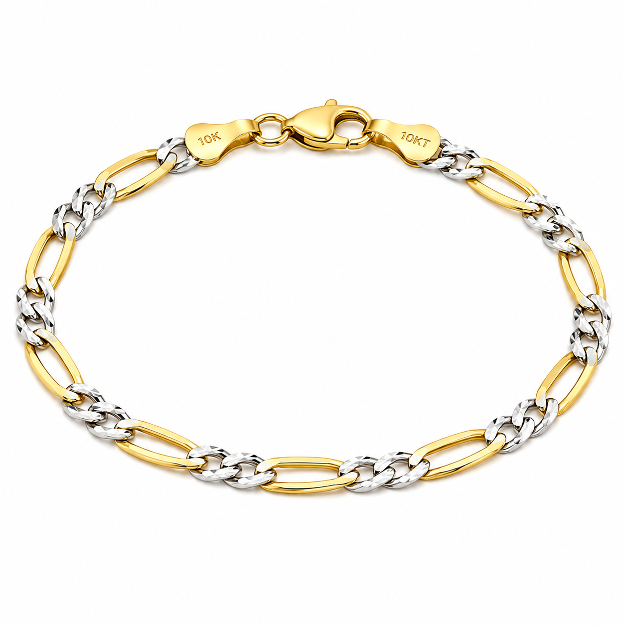 10K Yellow Gold Two Tone Diamond Cut Figaro Bracelet