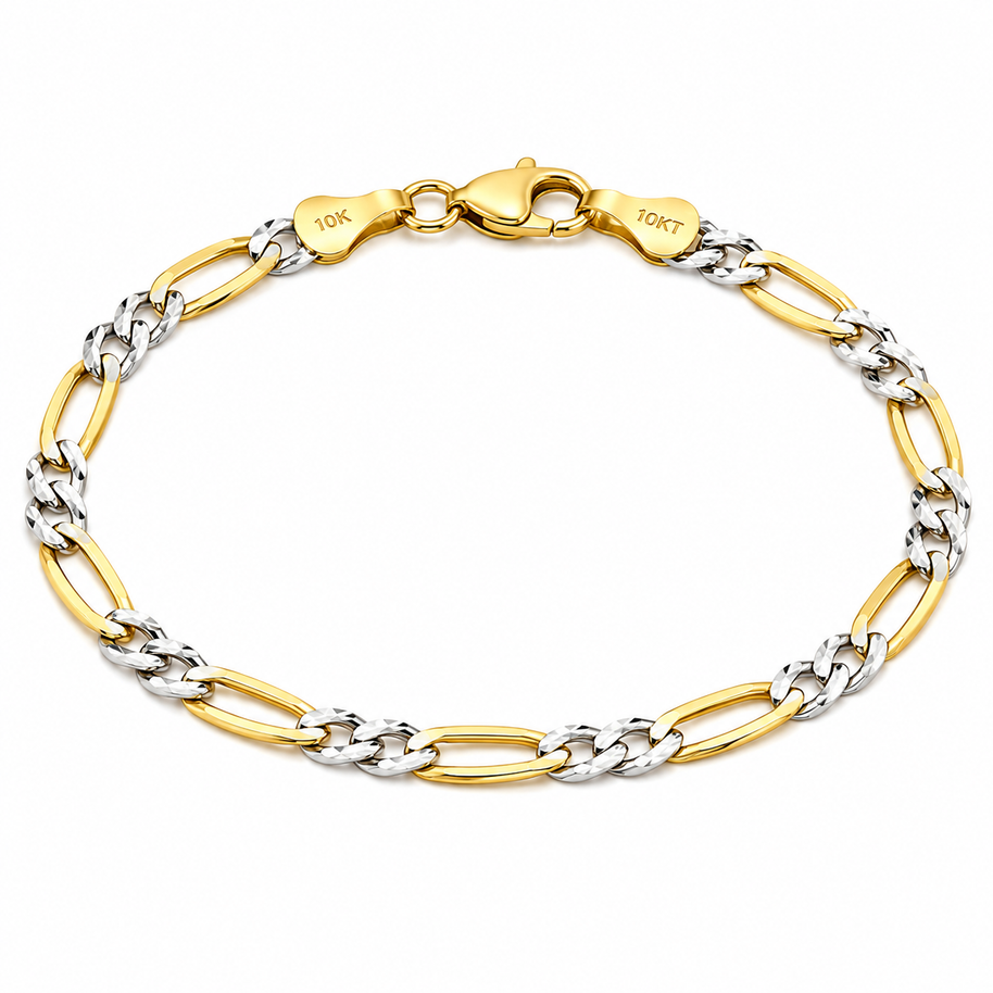 10K Yellow Gold Two Tone Diamond Cut Figaro Bracelet