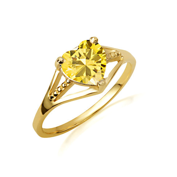 Gold Heart Beaded Cubic Zirconia Birthstone Love Ring (Available in Yellow/Rose/White Gold)
