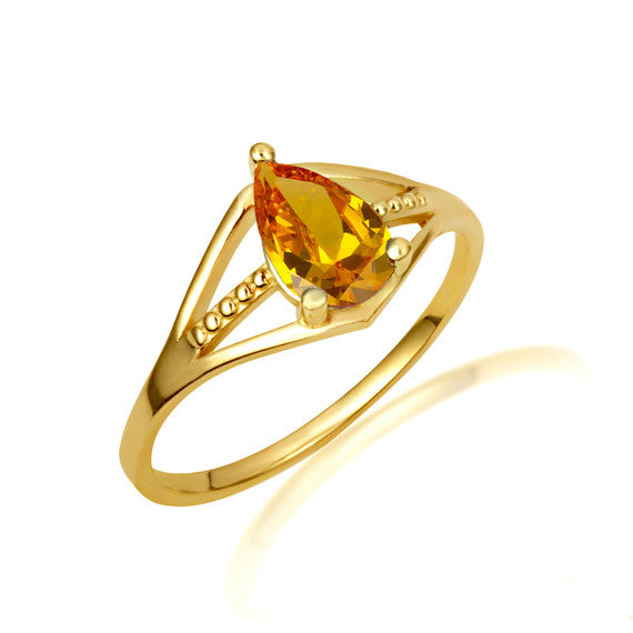 Gold Pear Cut Beaded Cubic Zirconia Birthstone Ring (Available in Yellow/Rose/White Gold)