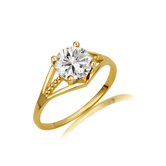 Gold Round Beaded Cubic Zirconia Birthstone Ring (Available in Yellow/Rose/White Gold)