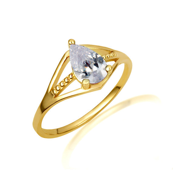 Gold Pear Cut Beaded Cubic Zirconia Birthstone Ring (Available in Yellow/Rose/White Gold)
