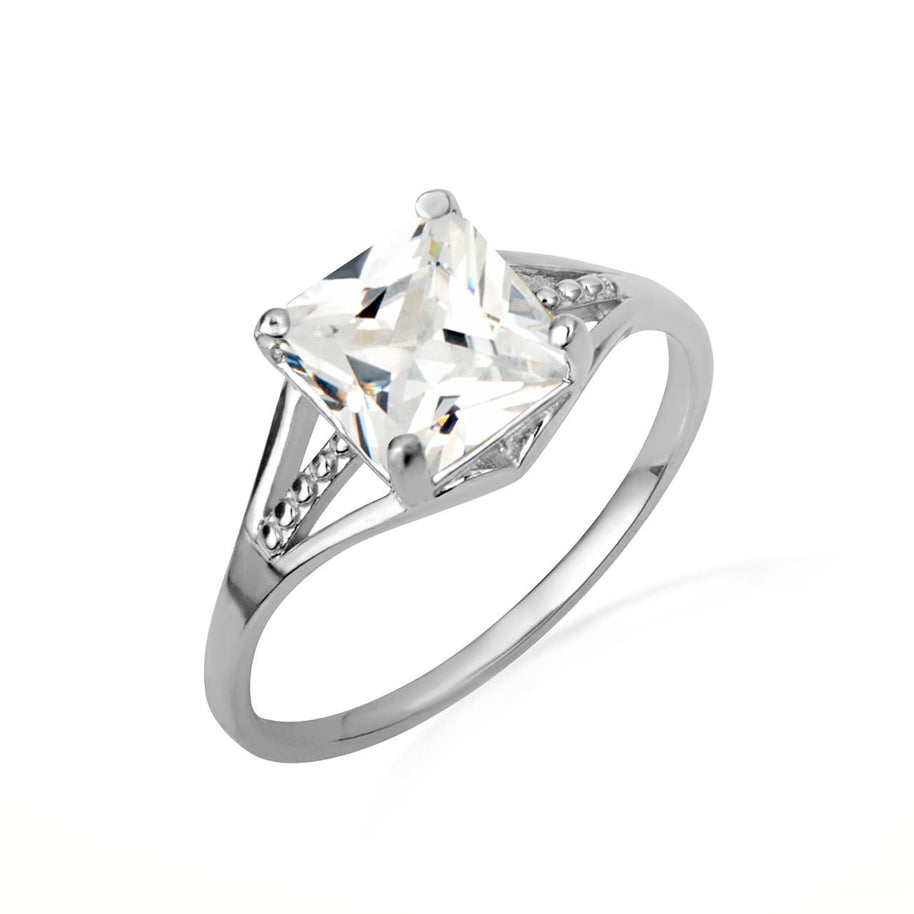 .925 Sterling Silver Square Cut Cubic Zirconia Birthstone Beaded Ring