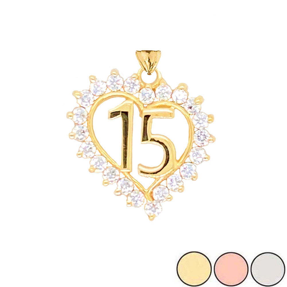 Gold Studded Cubic Zirconia Heart 15 Años Quinceañera Pendant Necklace (Available in Yellow/Rose/White Gold)