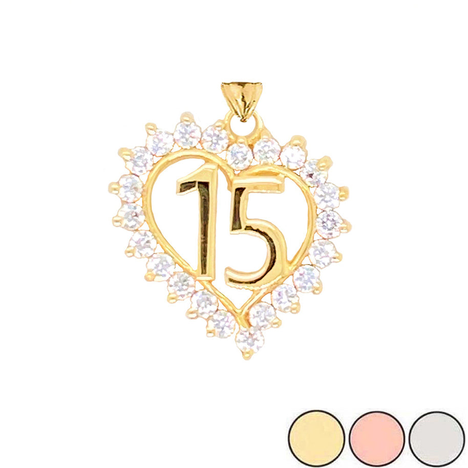 Gold Studded Cubic Zirconia Heart 15 Años Quinceañera Pendant Necklace (Available in Yellow/Rose/White Gold)