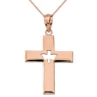 Solid Gold Cross with Dove Holy Spirit Cut Out Pendant Necklace(Available in Yellow/Rose/White Gold)
