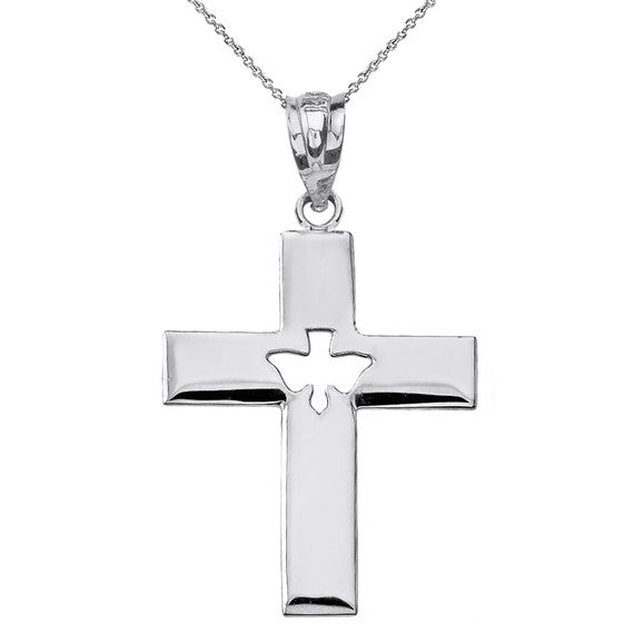 Solid Gold Cross with Dove Holy Spirit Cut Out Pendant Necklace(Available in Yellow/Rose/White Gold)