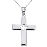 Solid Gold Cross with Dove Holy Spirit Cut Out Pendant Necklace(Available in Yellow/Rose/White Gold)