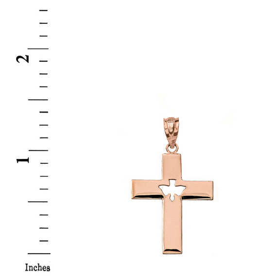 Solid Gold Cross with Dove Holy Spirit Cut Out Pendant Necklace(Available in Yellow/Rose/White Gold)
