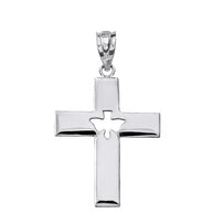 Solid Gold Cross with Dove Holy Spirit Cut Out Pendant Necklace(Available in Yellow/Rose/White Gold)
