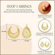 14K Yellow Gold Diamond Cut Chunky Puffed Hoop Earrings