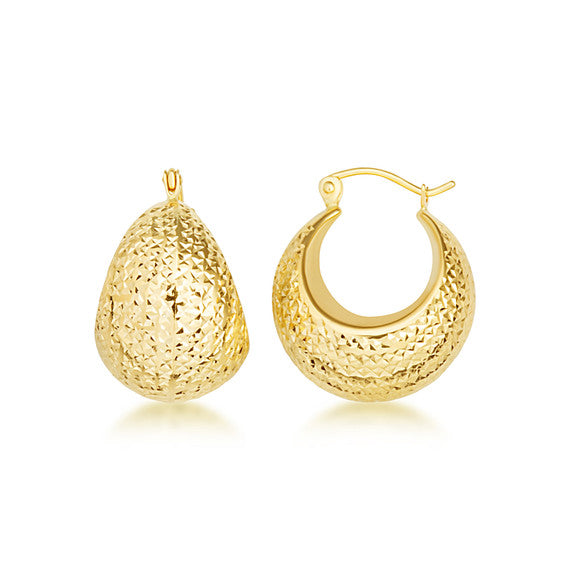 14K Yellow Gold Diamond Cut Chunky Puffed Hoop Earrings