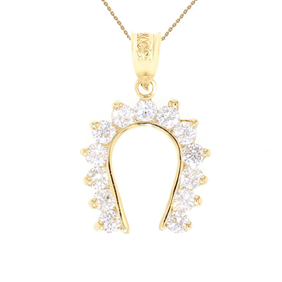 Horseshoe Good Luck Cubic Zirconia Pendant Necklace in Yellow Gold