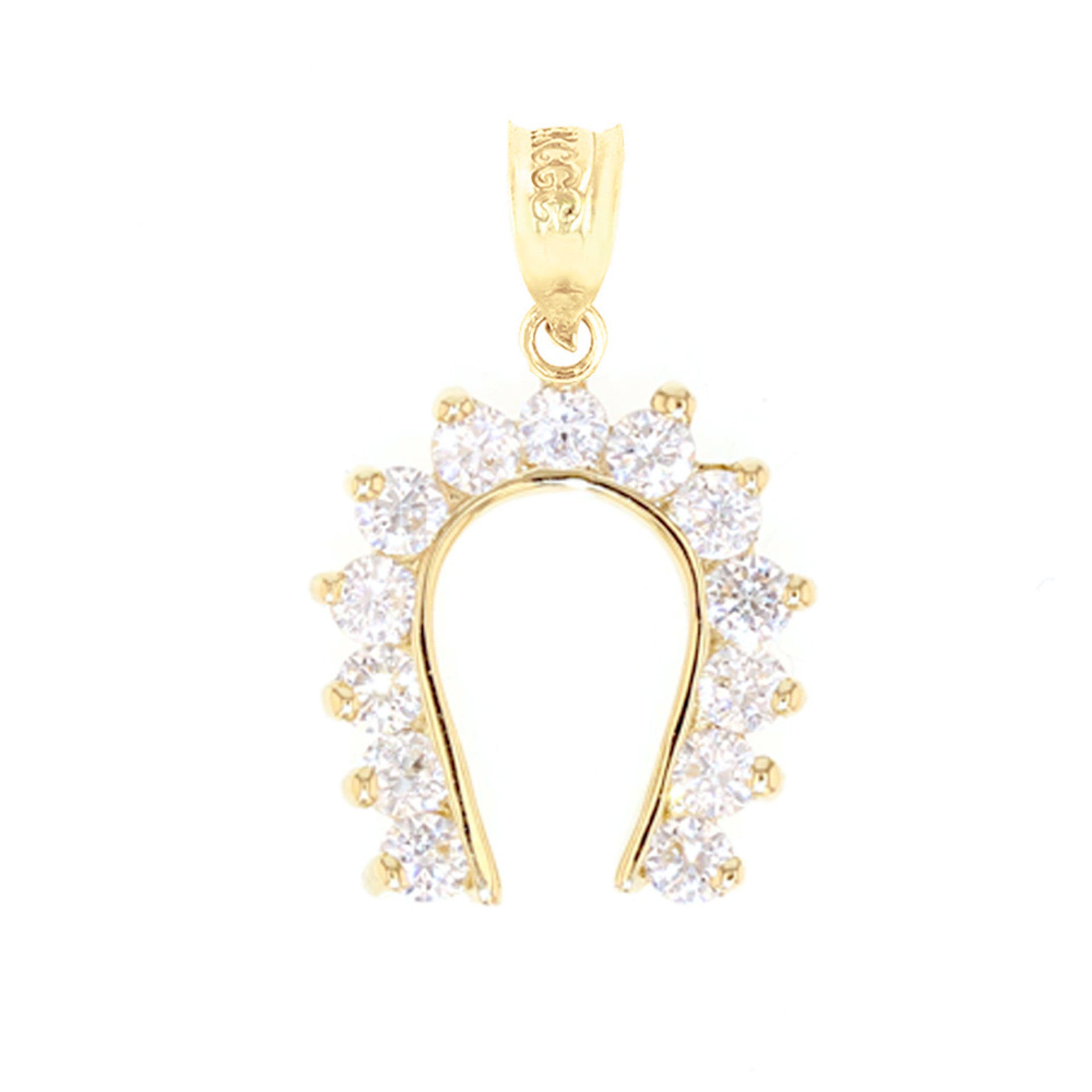 Horseshoe Good Luck Cubic Zirconia Pendant Necklace in Yellow Gold