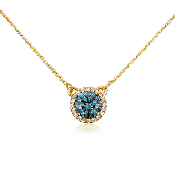14K Solid Gold Lab Grown Blue Diamond Necklace (Available in Yellow and White Gold)