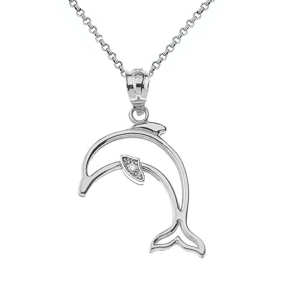 Dolphin Outline Solitaire Pendant Necklace in Gold (Yellow/Rose/White)