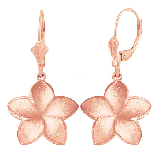 Polished Gold Hawaiian Plumeria Flower Leverback Earrings (Available in Small/Medium/Large & Yellow/Rose/White Gold)