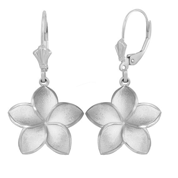 Polished Gold Hawaiian Plumeria Flower Leverback Earrings (Available in Small/Medium/Large & Yellow/Rose/White Gold)