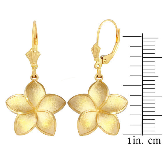 Polished Gold Hawaiian Plumeria Flower Leverback Earrings (Available in Small/Medium/Large & Yellow/Rose/White Gold)