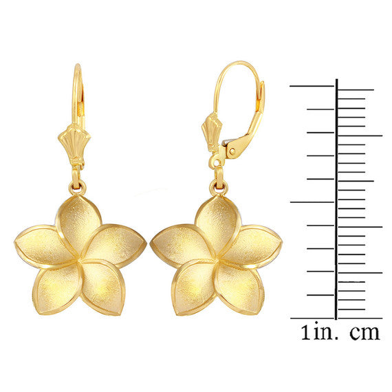 Polished Gold Hawaiian Plumeria Flower Leverback Earrings (Available in Small/Medium/Large & Yellow/Rose/White Gold)