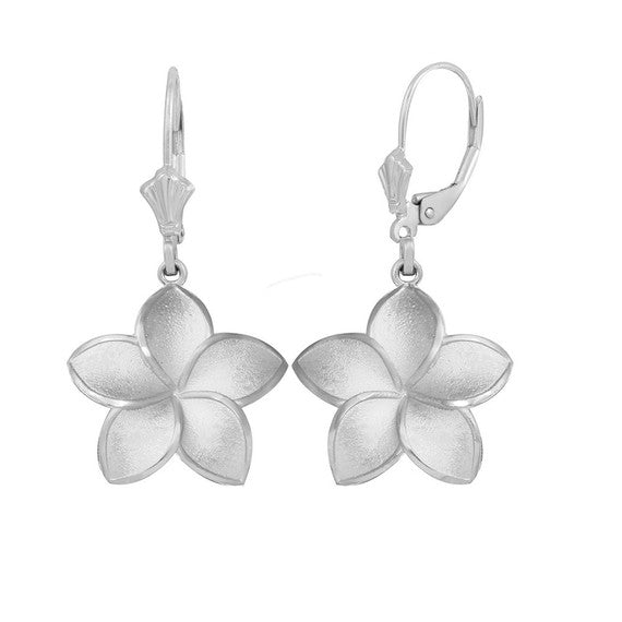 Polished .925 Sterling Silver Hawaiian Plumeria Flower Leverback Earrings (Available in Small/Medium/Large)