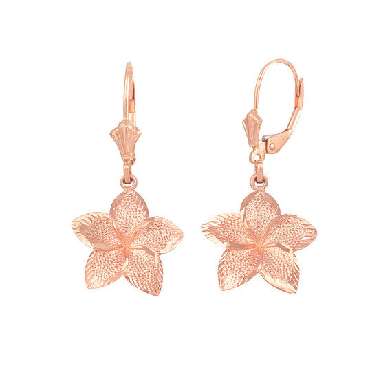 Gold Diamond Cut Hawaiian Plumeria Flower Leverback Earrings (Available in Small/Medium/Large & Yellow/Rose/White Gold)