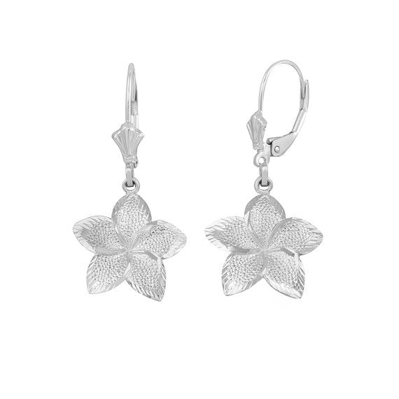 .925 Sterling Silver Diamond Cut Hawaiian Plumeria Flower Earrings (Small)