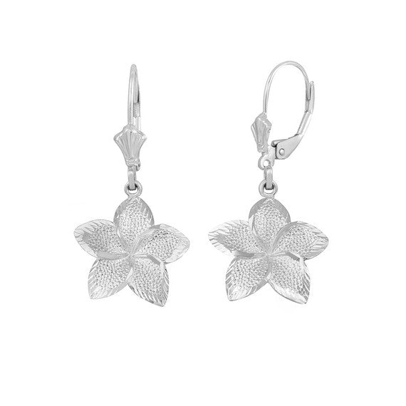 Gold Diamond Cut Hawaiian Plumeria Flower Leverback Earrings (Available in Small/Medium/Large & Yellow/Rose/White Gold)
