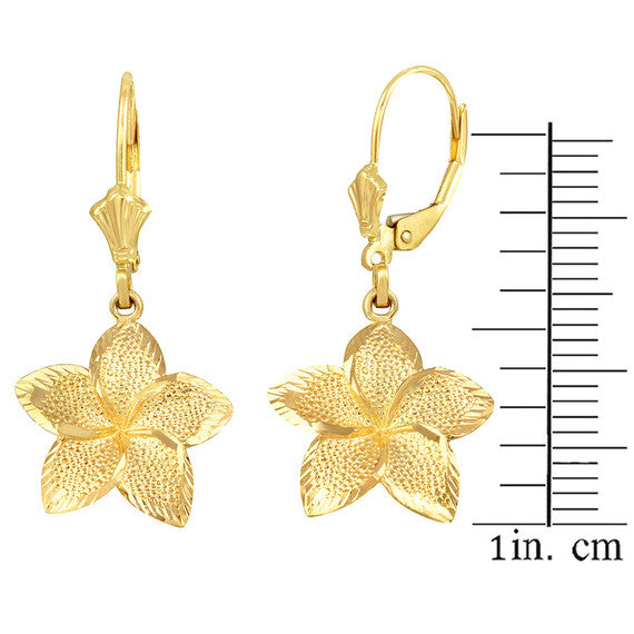 Gold Diamond Cut Hawaiian Plumeria Flower Leverback Earrings (Available in Small/Medium/Large & Yellow/Rose/White Gold)