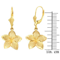 Gold Diamond Cut Hawaiian Plumeria Flower Leverback Earrings (Available in Small/Medium/Large & Yellow/Rose/White Gold)