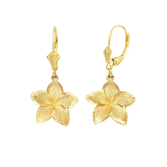 Gold Diamond Cut Hawaiian Plumeria Flower Leverback Earrings (Available in Small/Medium/Large & Yellow/Rose/White Gold)