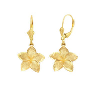 Gold Diamond Cut Hawaiian Plumeria Flower Leverback Earrings (Available in Small/Medium/Large & Yellow/Rose/White Gold)