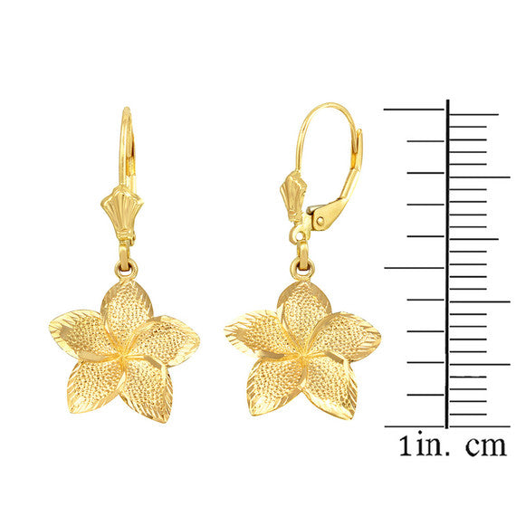 Gold Diamond Cut Hawaiian Plumeria Flower Leverback Earrings (Available in Small/Medium/Large & Yellow/Rose/White Gold)