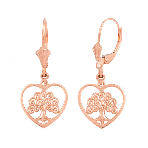 Gold Tree of Life Open Heart Filigree Earring Set(Available in Yellow/Rose/White Gold)