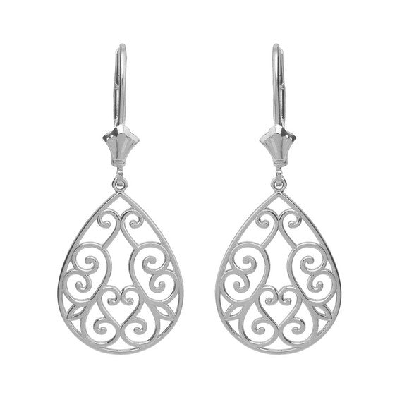 Sterling Silver Filigree Swirl Heart Teardrop Drop Earring Set
