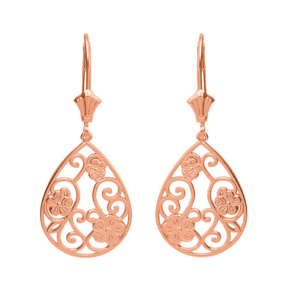 Filigree Teardrop Floral Drop Earring Set(Available in Yellow/Rose/White Gold)