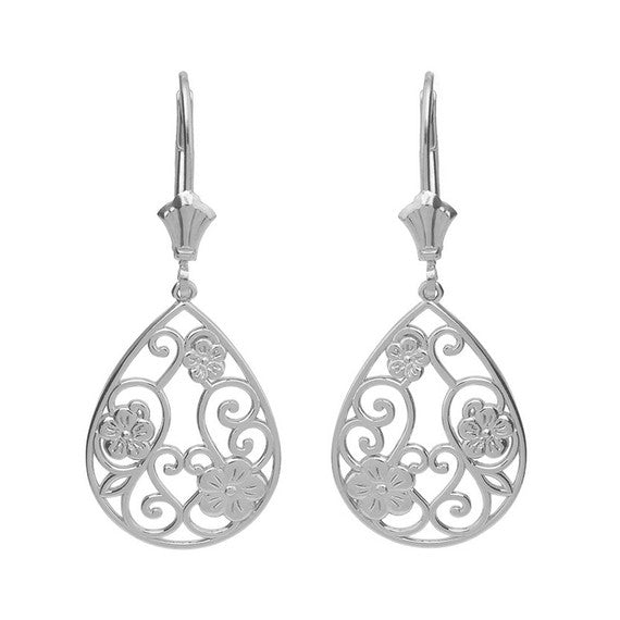 Filigree Teardrop Floral Drop Earring Set(Available in Yellow/Rose/White Gold)