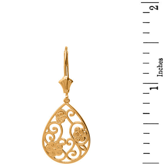 Filigree Teardrop Floral Drop Earring Set(Available in Yellow/Rose/White Gold)