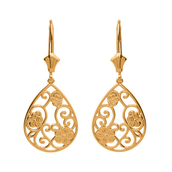 Filigree Teardrop Floral Drop Earring Set(Available in Yellow/Rose/White Gold)